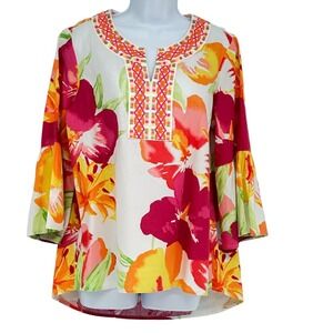 A La Carte Floral Embroidered‎ Linen Blend Bell Sleeve Tunic Top - M